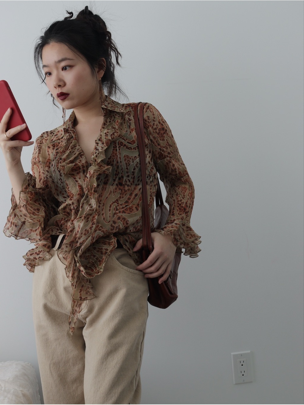 Puli Sheer Ruffle Blouse in Beige and Rust Animal Print